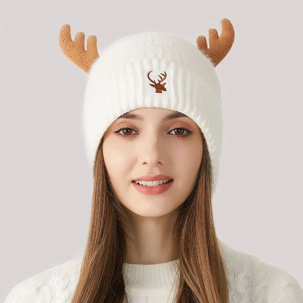 Merry Christmas Embroidered Chunky Rib Knit Earflap Elk Horn Beanie