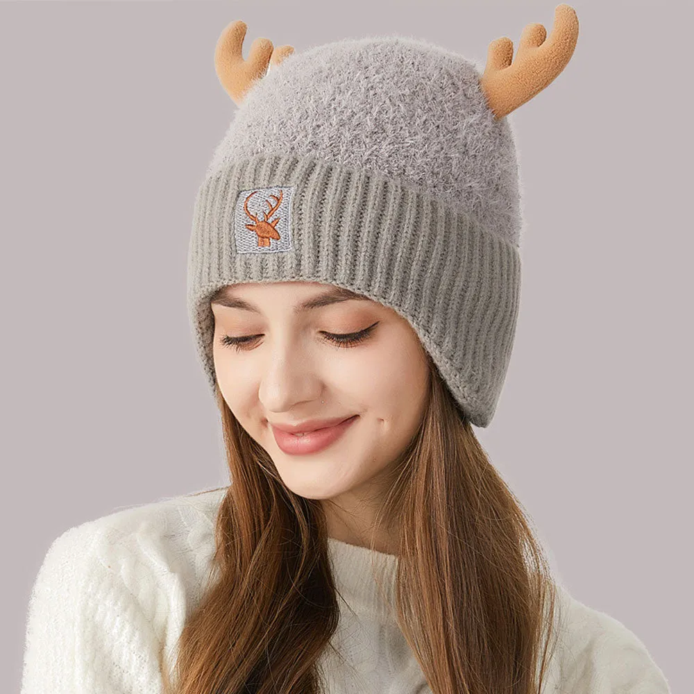 Merry Christmas Embroidered Chunky Rib Knit Earflap Elk Horn Beanie