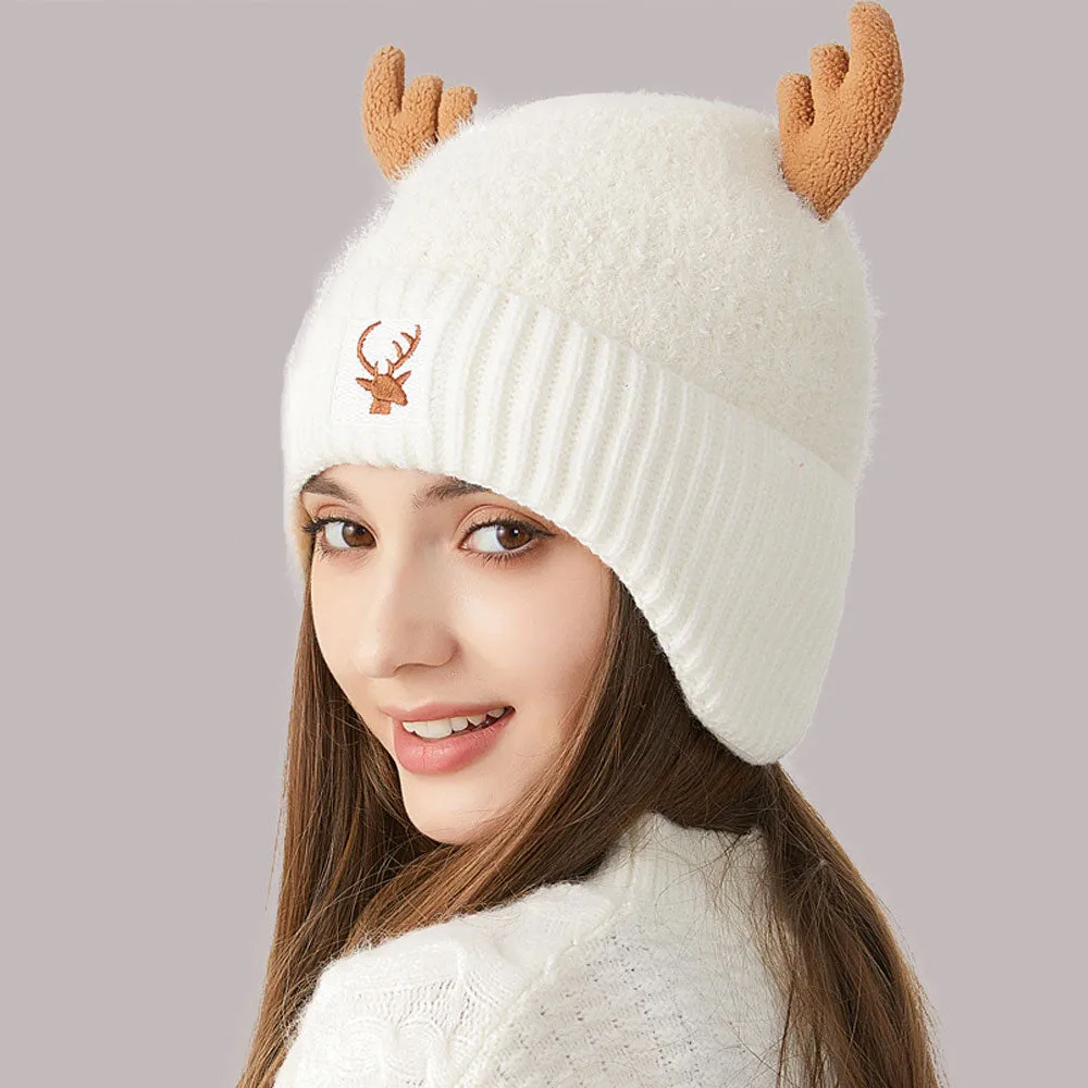 Merry Christmas Embroidered Chunky Rib Knit Earflap Elk Horn Beanie