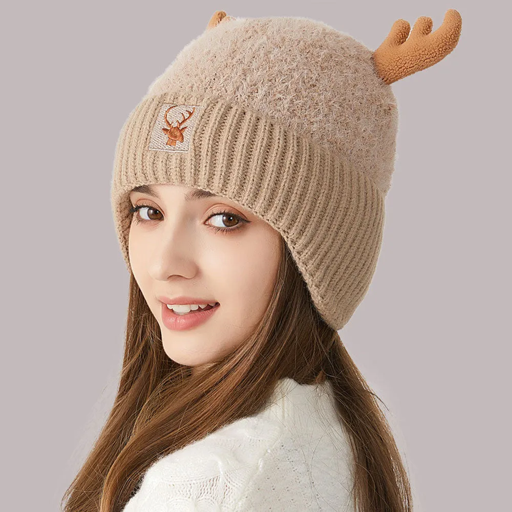 Merry Christmas Embroidered Chunky Rib Knit Earflap Elk Horn Beanie