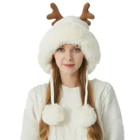 Merry Christmas Winter Faux Fur Pom Pom Earflap Elk Horn Knit Beanie