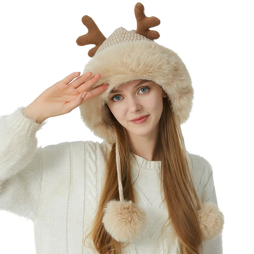 Merry Christmas Winter Faux Fur Pom Pom Earflap Elk Horn Knit Beanie