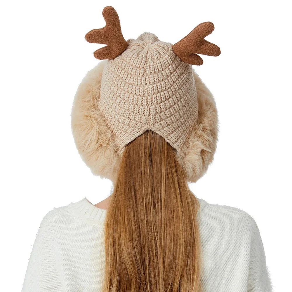 Merry Christmas Winter Faux Fur Pom Pom Earflap Elk Horn Knit Beanie