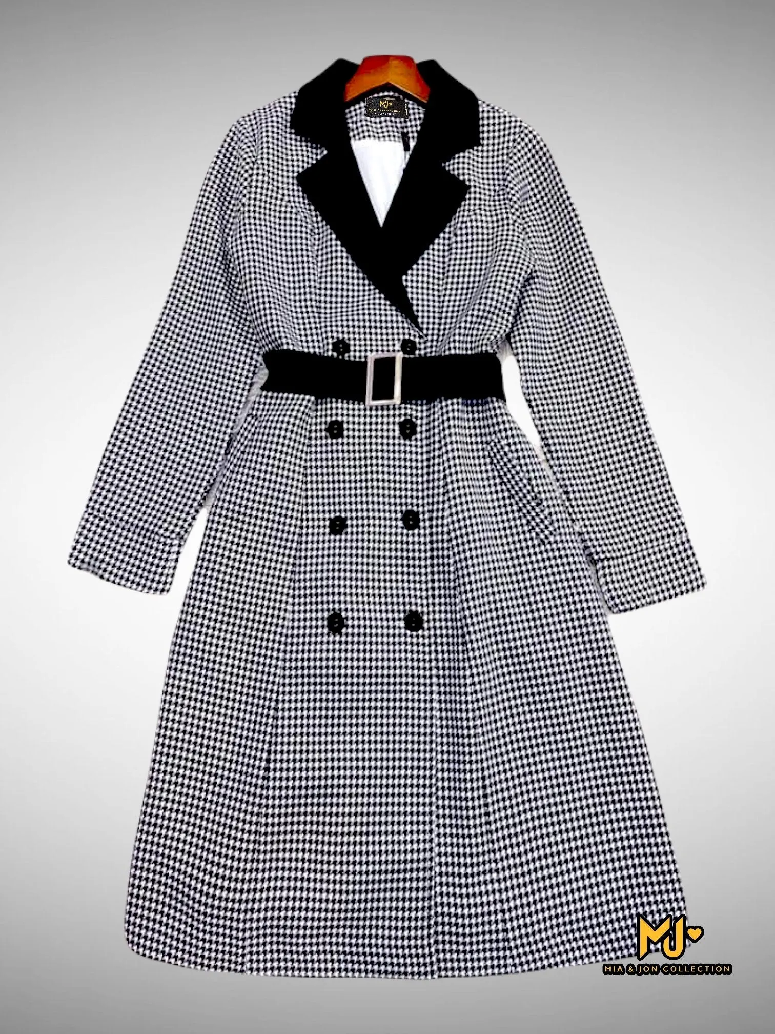 MJA2250 Houndstooth Lapel Collar Double Breasted Coat