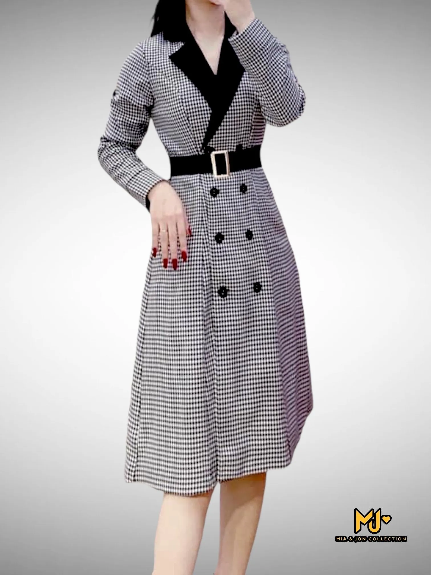 MJA2250 Houndstooth Lapel Collar Double Breasted Coat