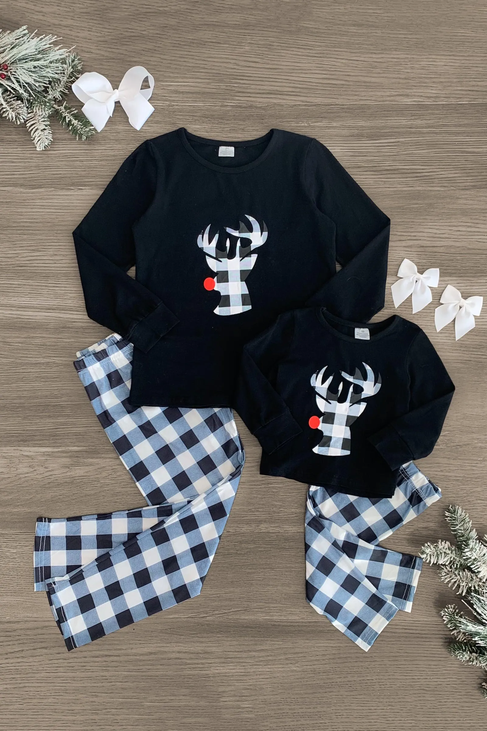 Mom & Me - Black Plaid Reindeer Pajamas