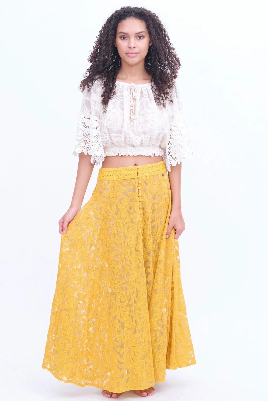 Mustard Button Up Lace Skirt