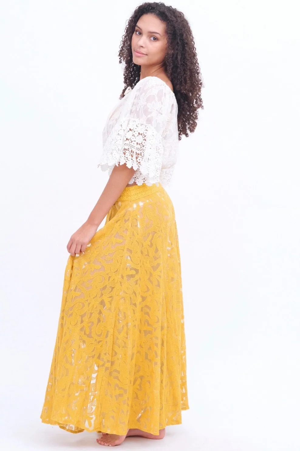 Mustard Button Up Lace Skirt