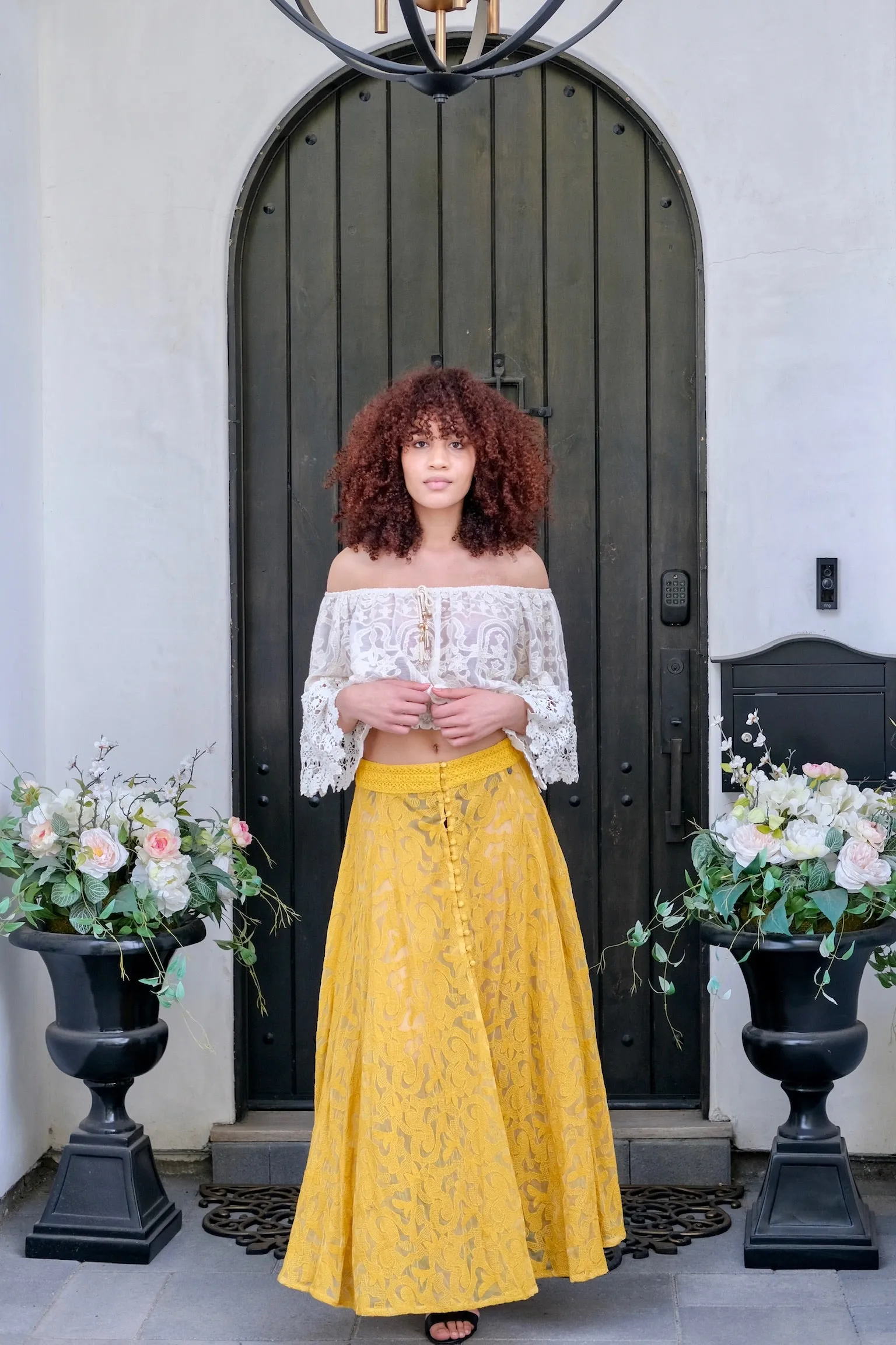 Mustard Button Up Lace Skirt