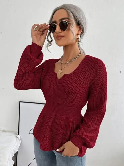 Notched Dropped Shoulder Knit Top