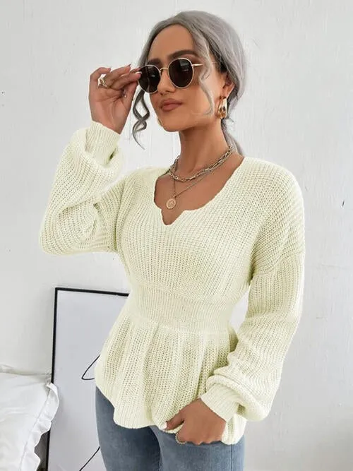 Notched Dropped Shoulder Knit Top