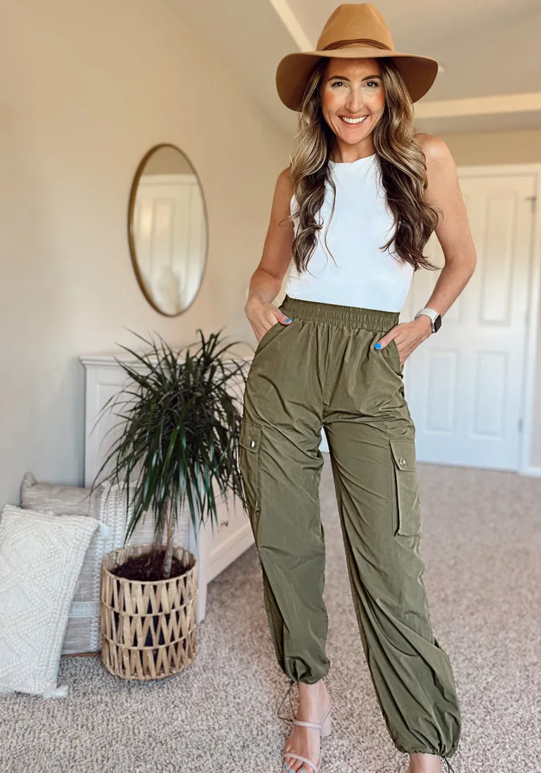 Olive Green Women's Casual Cargo Pant High Waisted Y2K Nylon Trousers