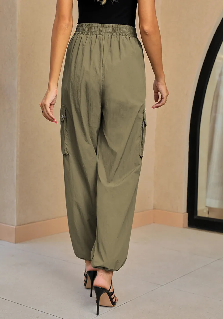 Olive Green Women's Casual Cargo Pant High Waisted Y2K Nylon Trousers