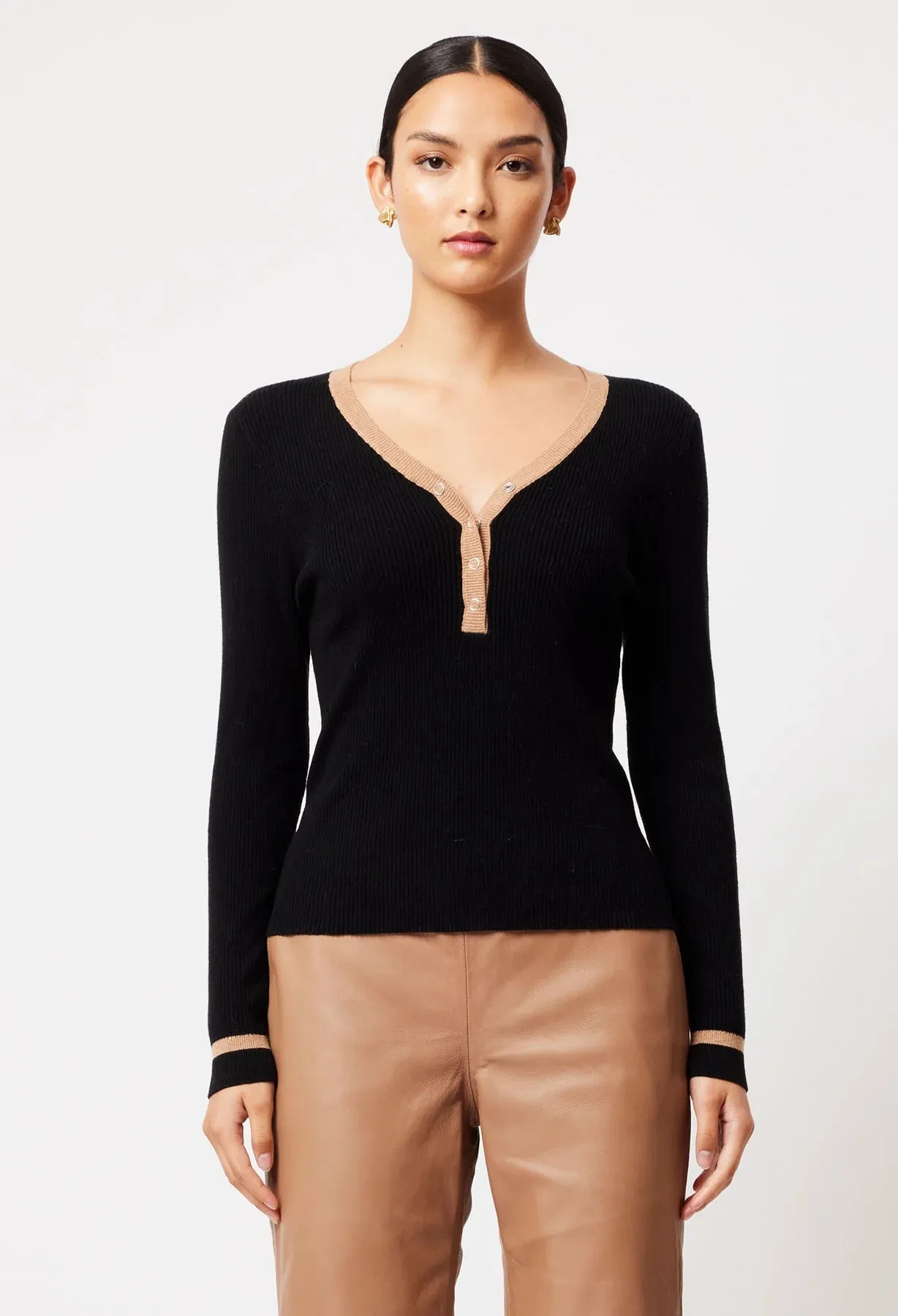 ONCE WAS NOVA MARINO WOOL KNIT TOP IN BLACK / HUSK