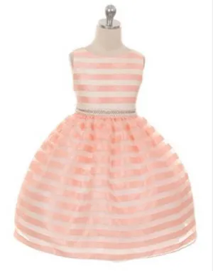 Organza Striped Overlay Dress with Gem Belt - Peach