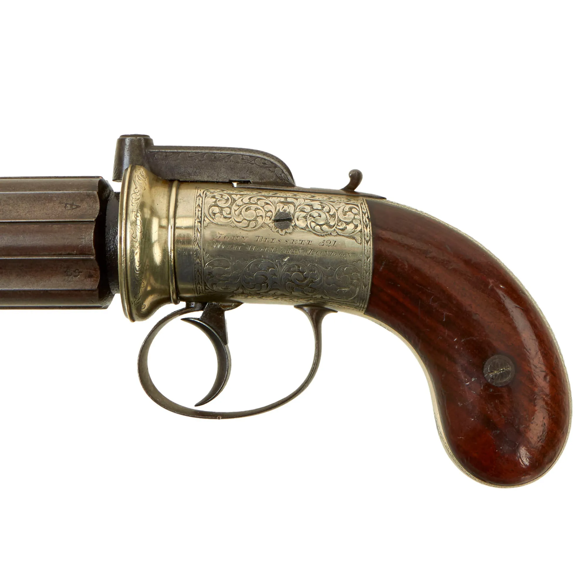 Original British Victorian Nickel Silver Framed .45cal Pepperbox Percussion Revolver by John Blissett of London - circa 1850