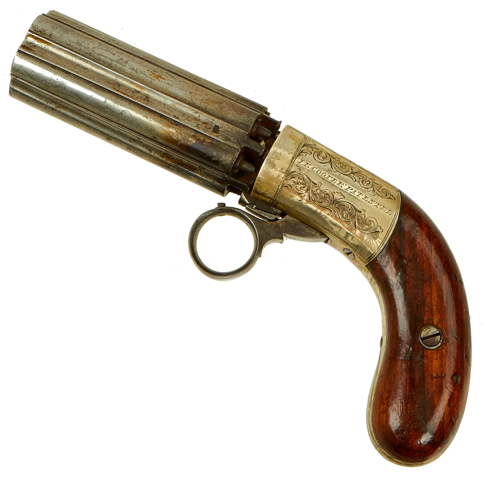 Original British Victorian Nickel Silver Framed J.R. Cooper Patent Underhammer Pepperbox Percussion Revolver - circa 1850