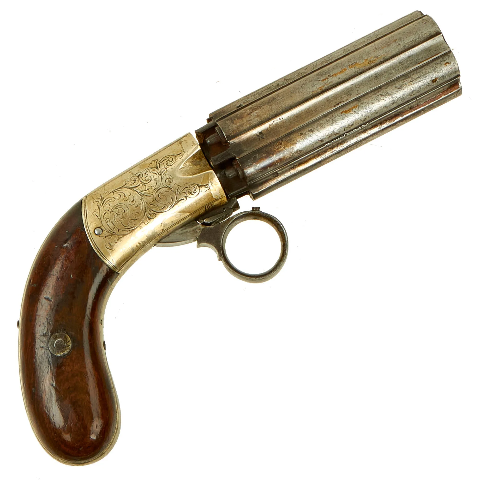 Original British Victorian Nickel Silver Framed J.R. Cooper Patent Underhammer Pepperbox Percussion Revolver - circa 1850