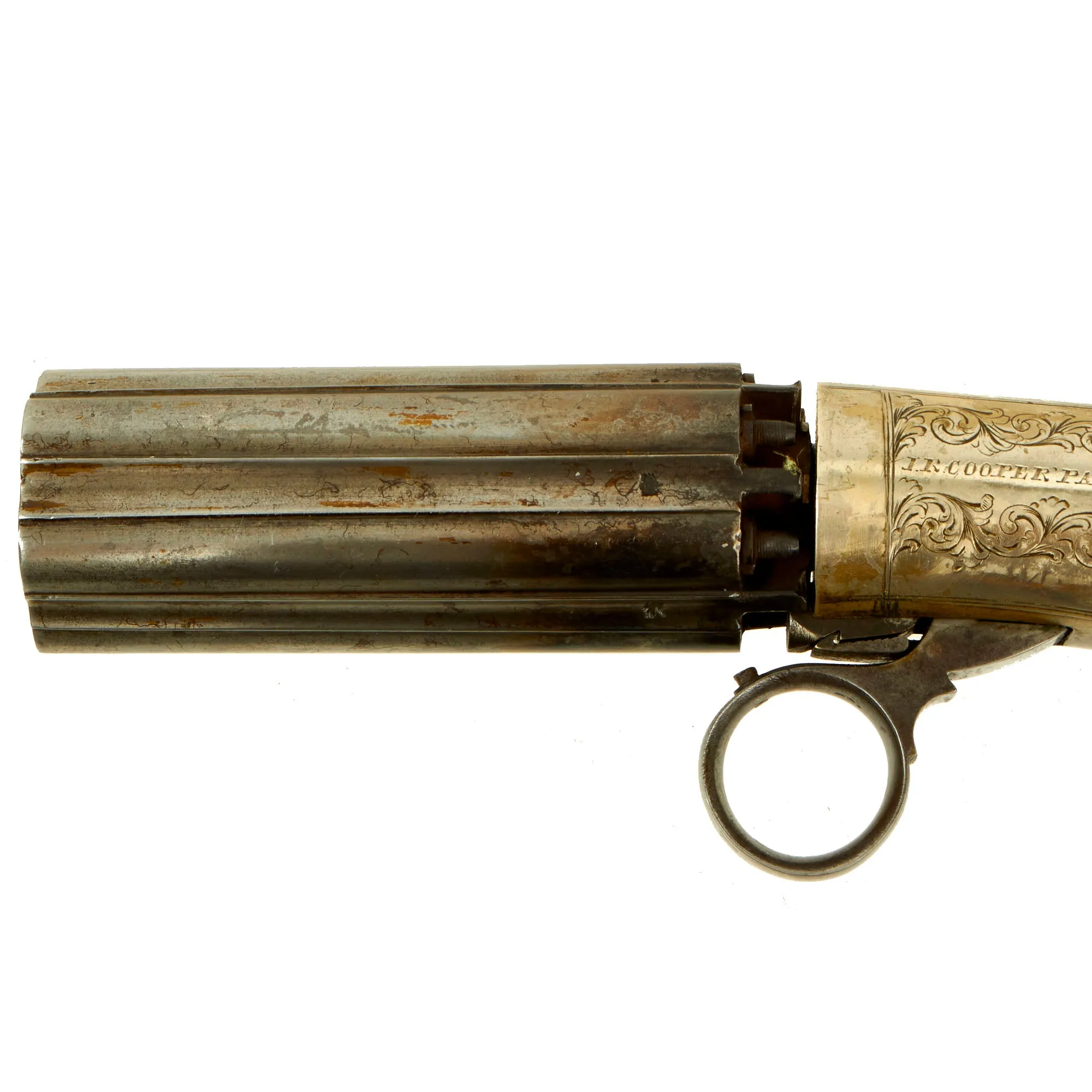 Original British Victorian Nickel Silver Framed J.R. Cooper Patent Underhammer Pepperbox Percussion Revolver - circa 1850