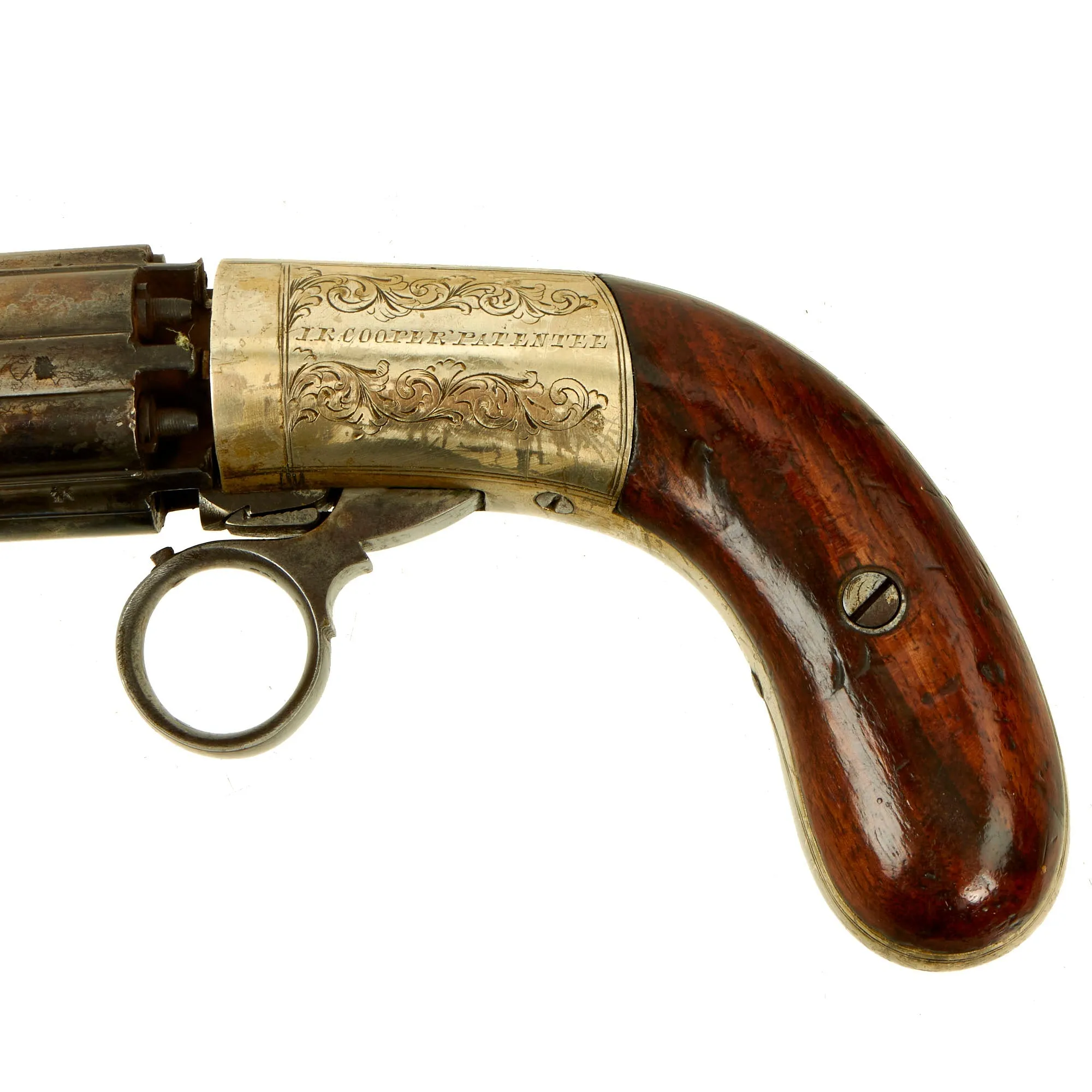 Original British Victorian Nickel Silver Framed J.R. Cooper Patent Underhammer Pepperbox Percussion Revolver - circa 1850