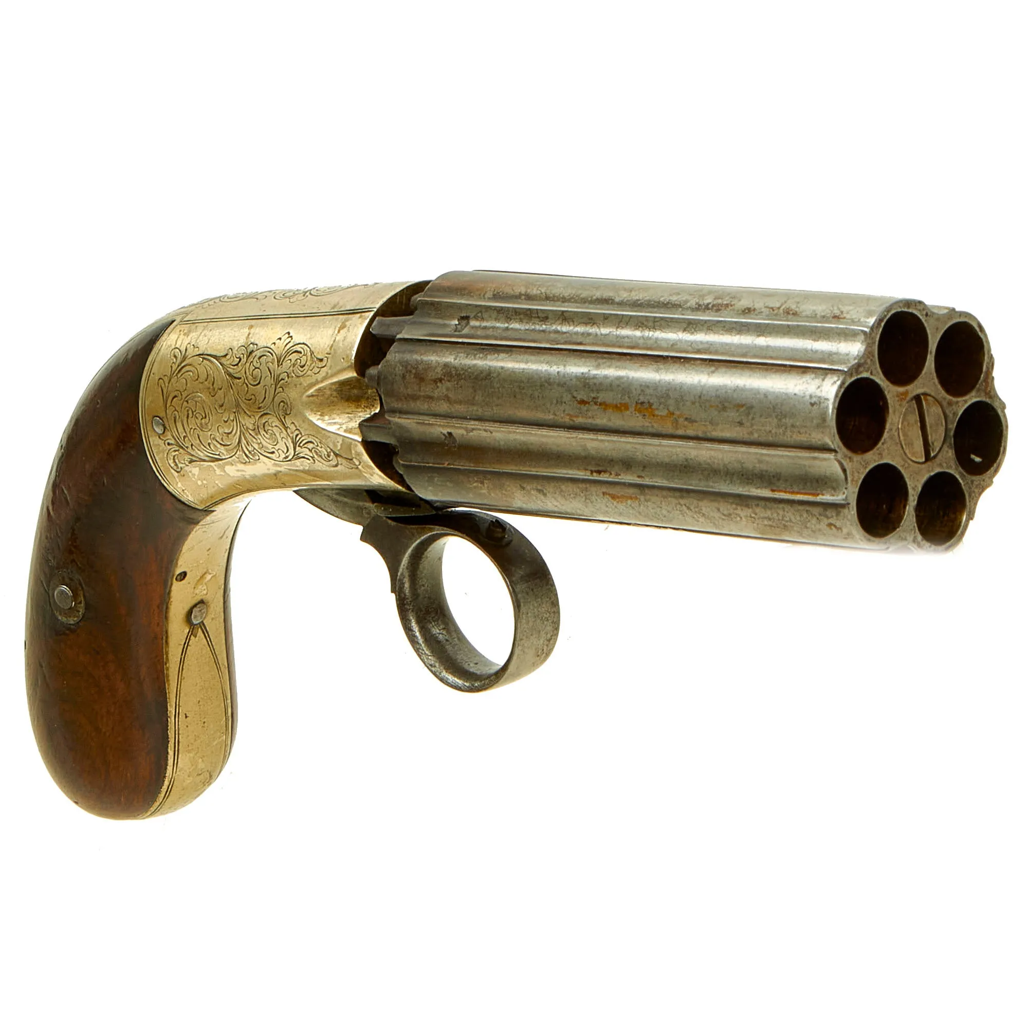 Original British Victorian Nickel Silver Framed J.R. Cooper Patent Underhammer Pepperbox Percussion Revolver - circa 1850