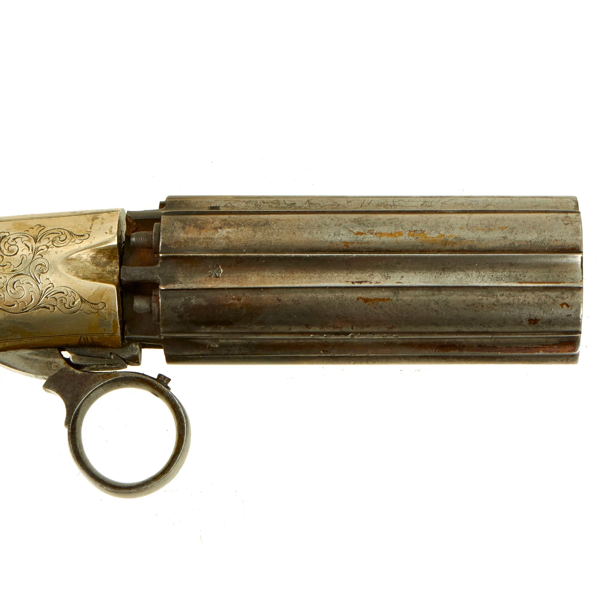 Original British Victorian Nickel Silver Framed J.R. Cooper Patent Underhammer Pepperbox Percussion Revolver - circa 1850