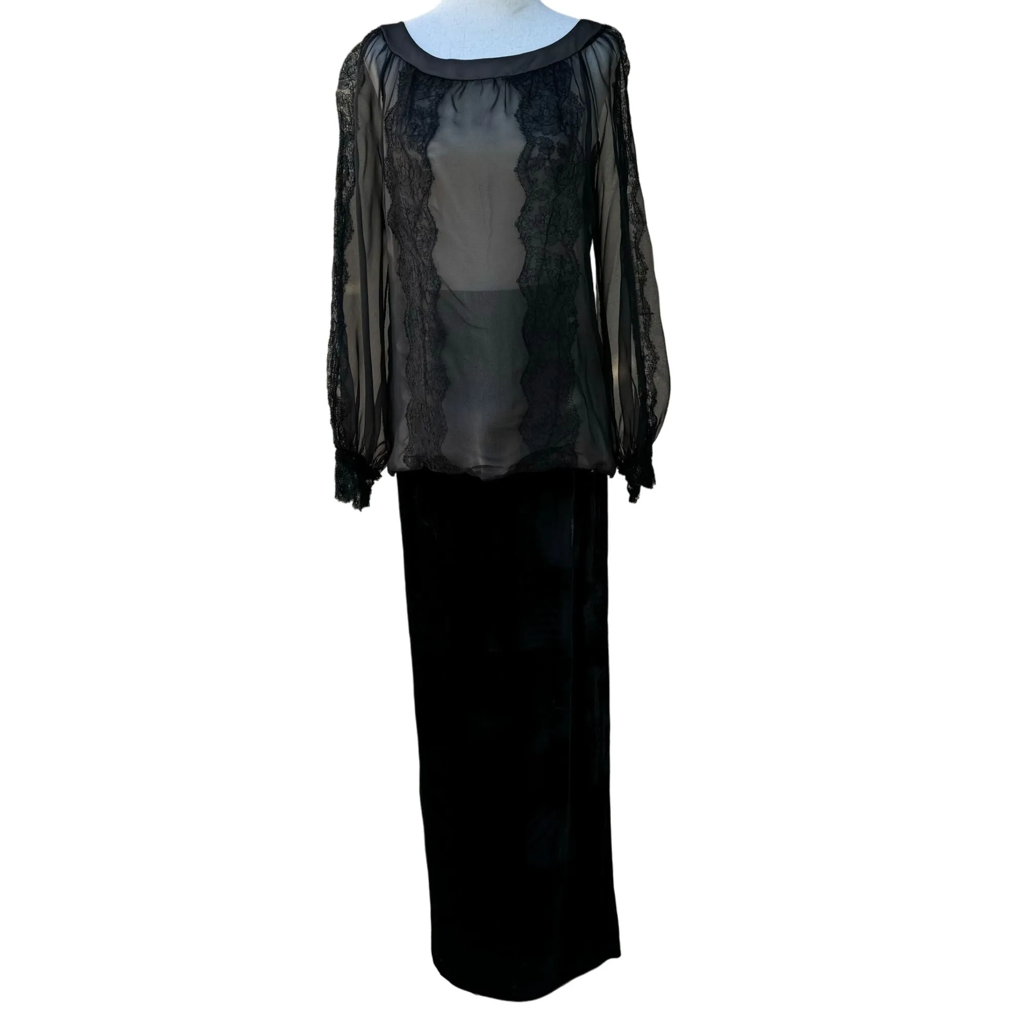 Oscar de la Renta Vintage Black Sheer Lace Blouse & Velvet Full Length Skirt Set