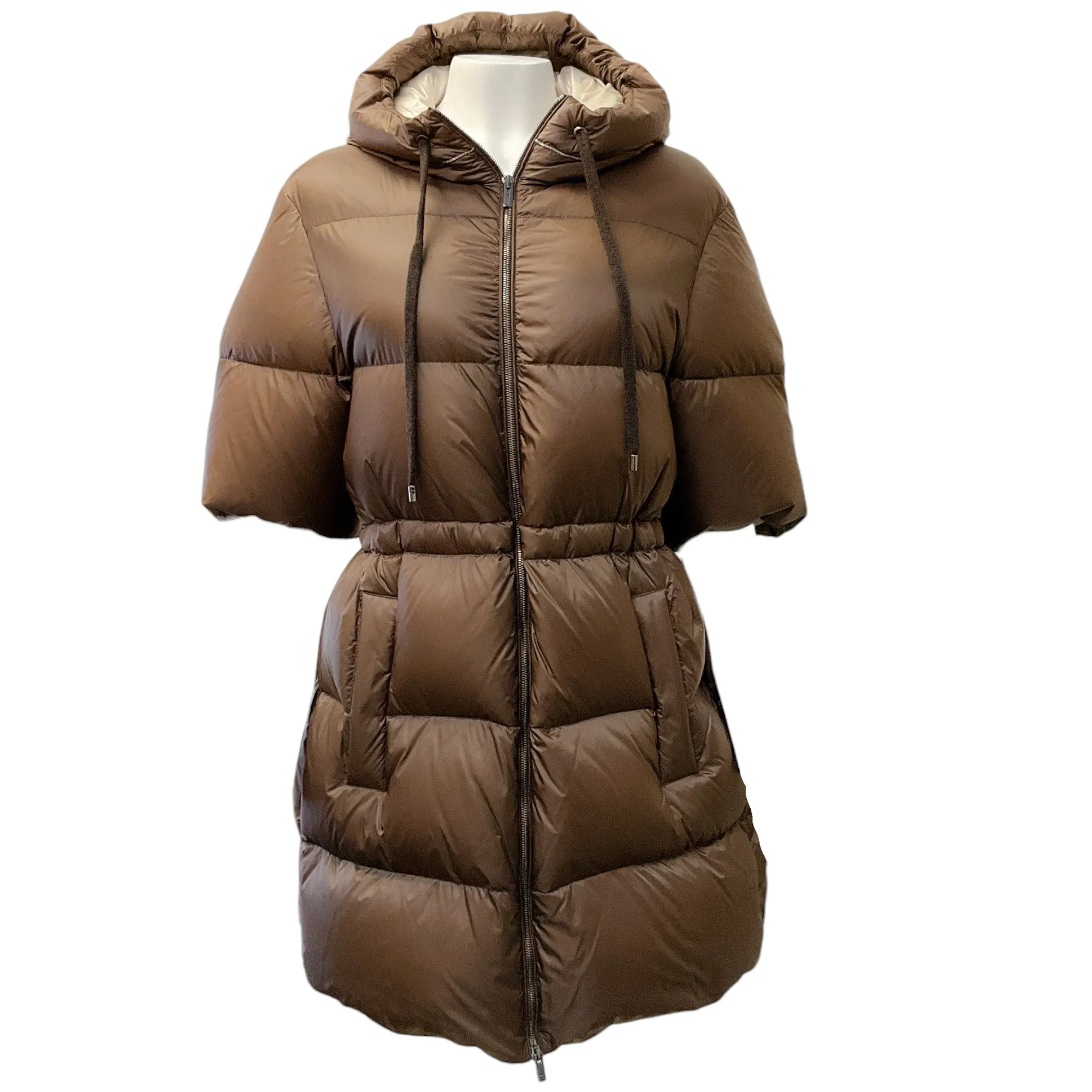 Peserico Mocha Puffer Coat with 3/4 Sleeves and Monili