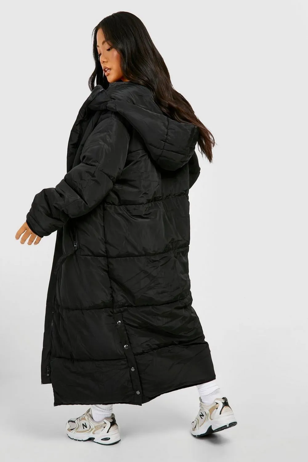 PETITE HOODED LONGLINE PUFFER JACKET-BLACK