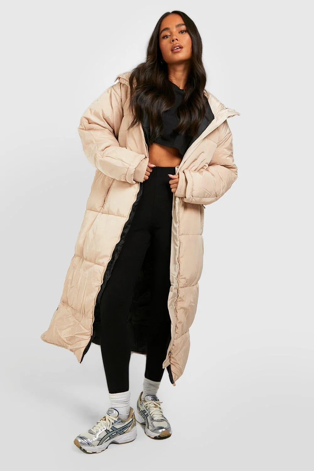 PETITE HOODED LONGLINE PUFFER JACKET-STONE