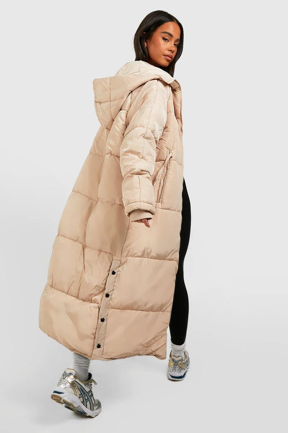 PETITE HOODED LONGLINE PUFFER JACKET-STONE