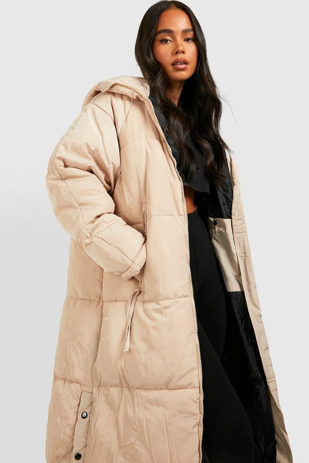 PETITE HOODED LONGLINE PUFFER JACKET-STONE