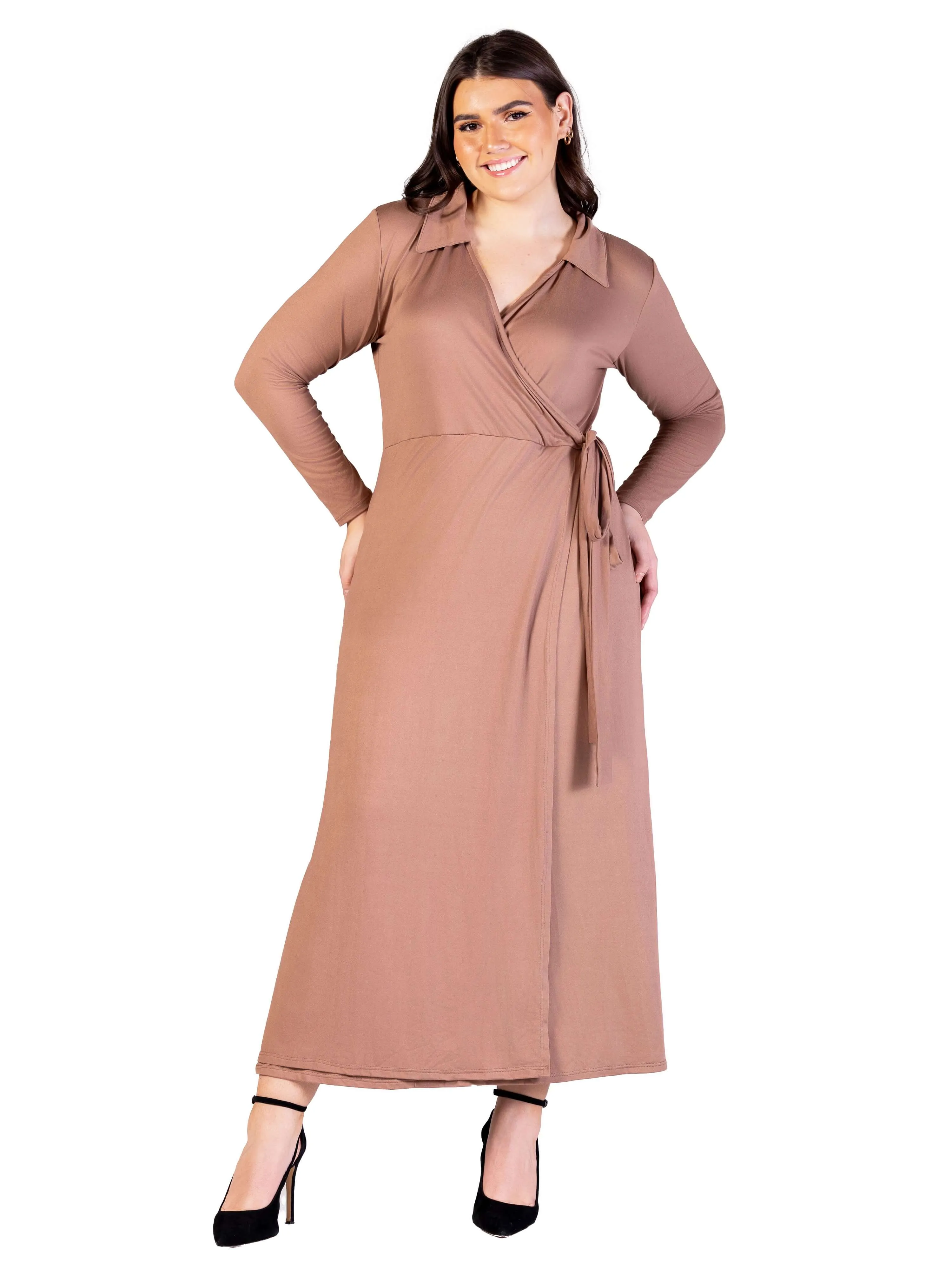 Plus Size Comfortable Collared Wrap Maxi Dress