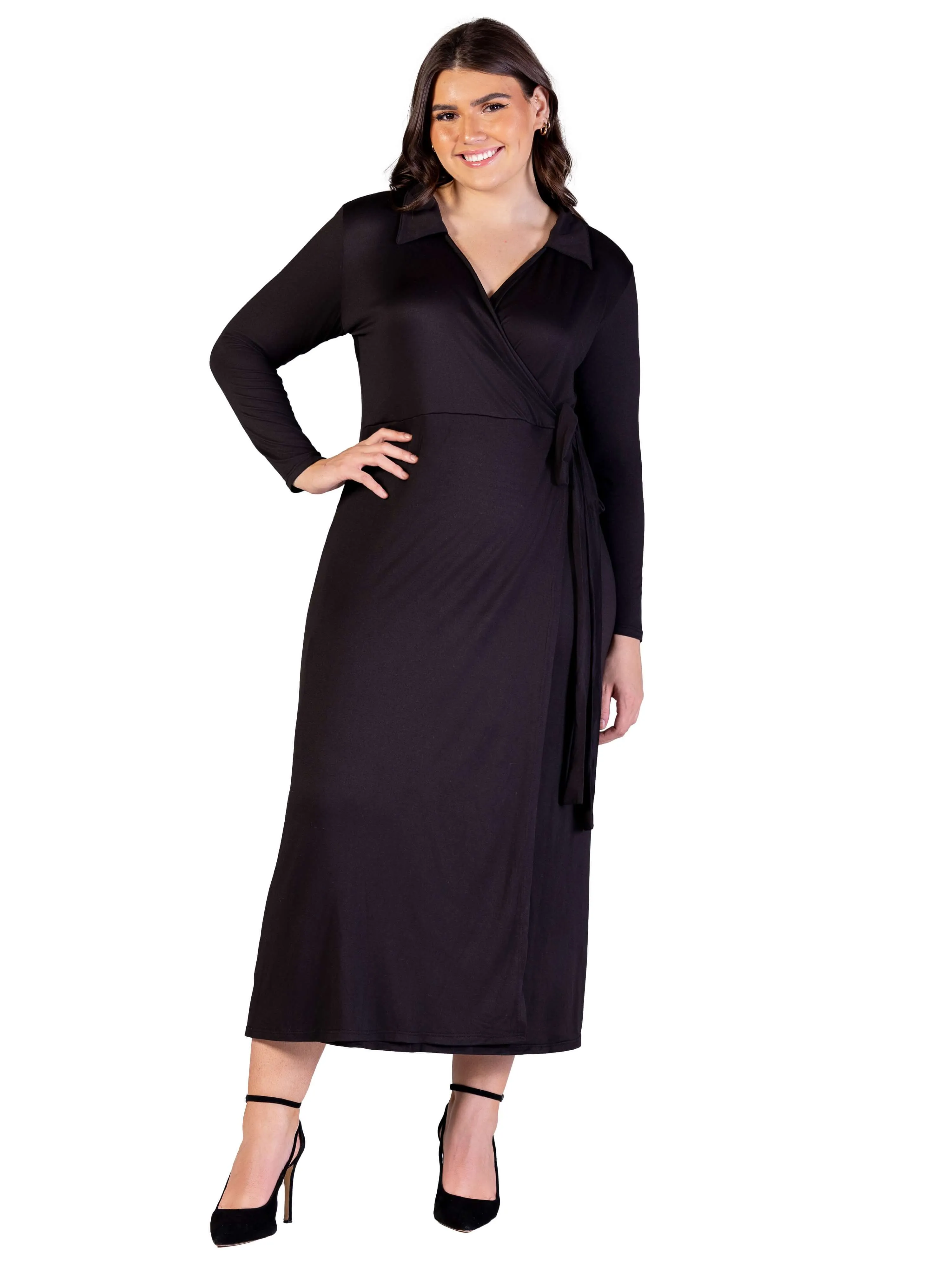 Plus Size Comfortable Collared Wrap Maxi Dress