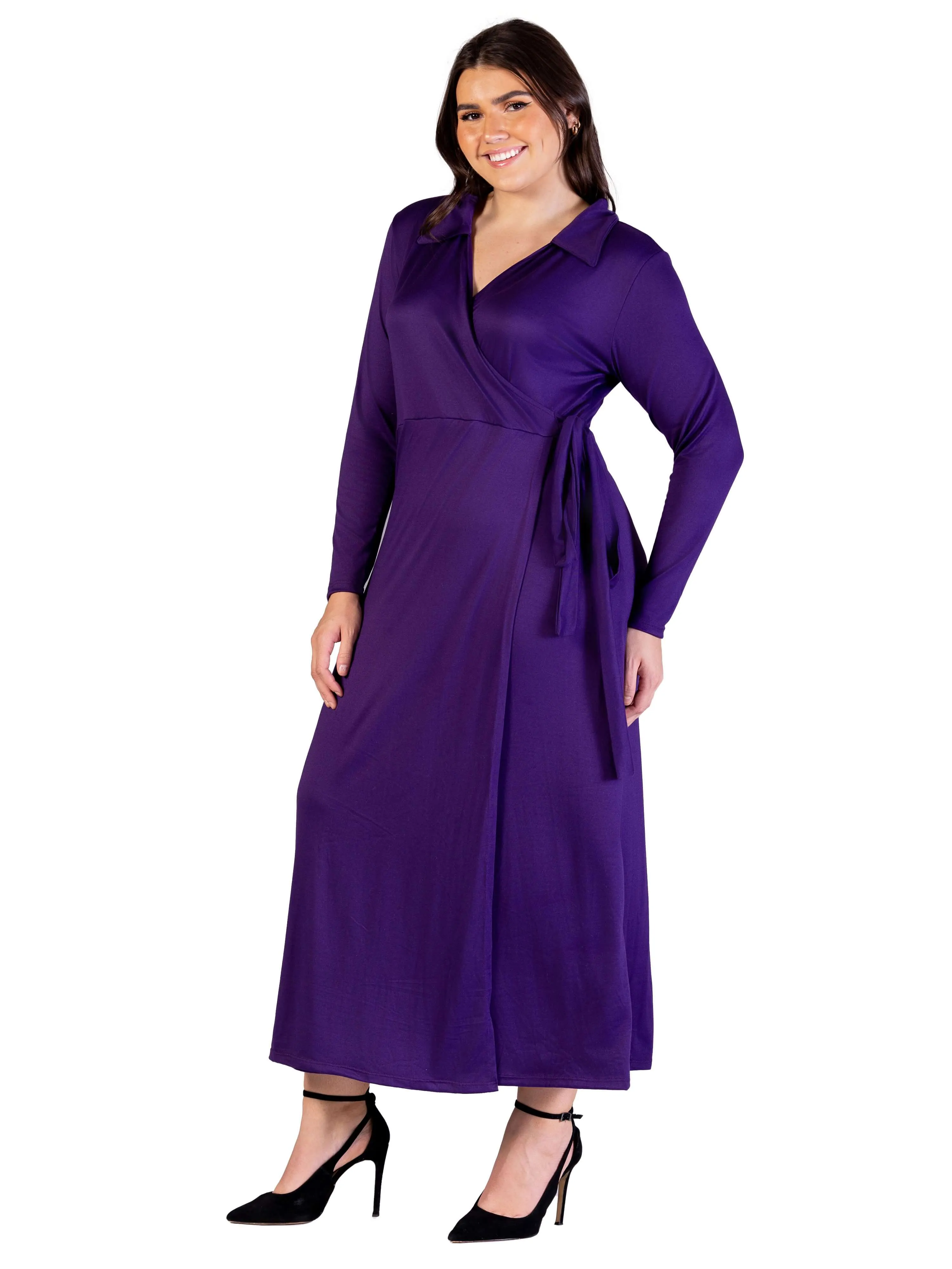 Plus Size Comfortable Collared Wrap Maxi Dress