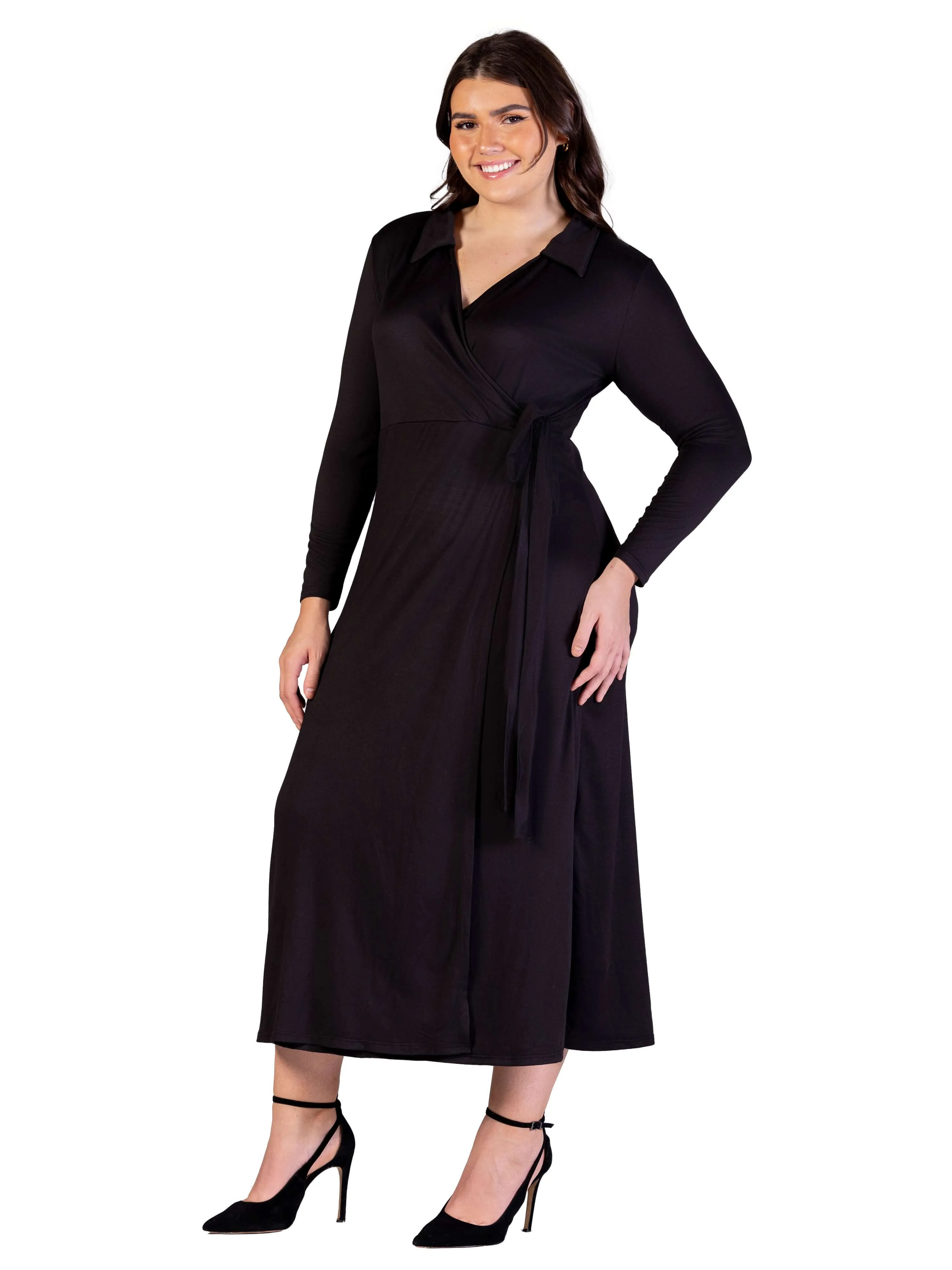 Plus Size Comfortable Collared Wrap Maxi Dress