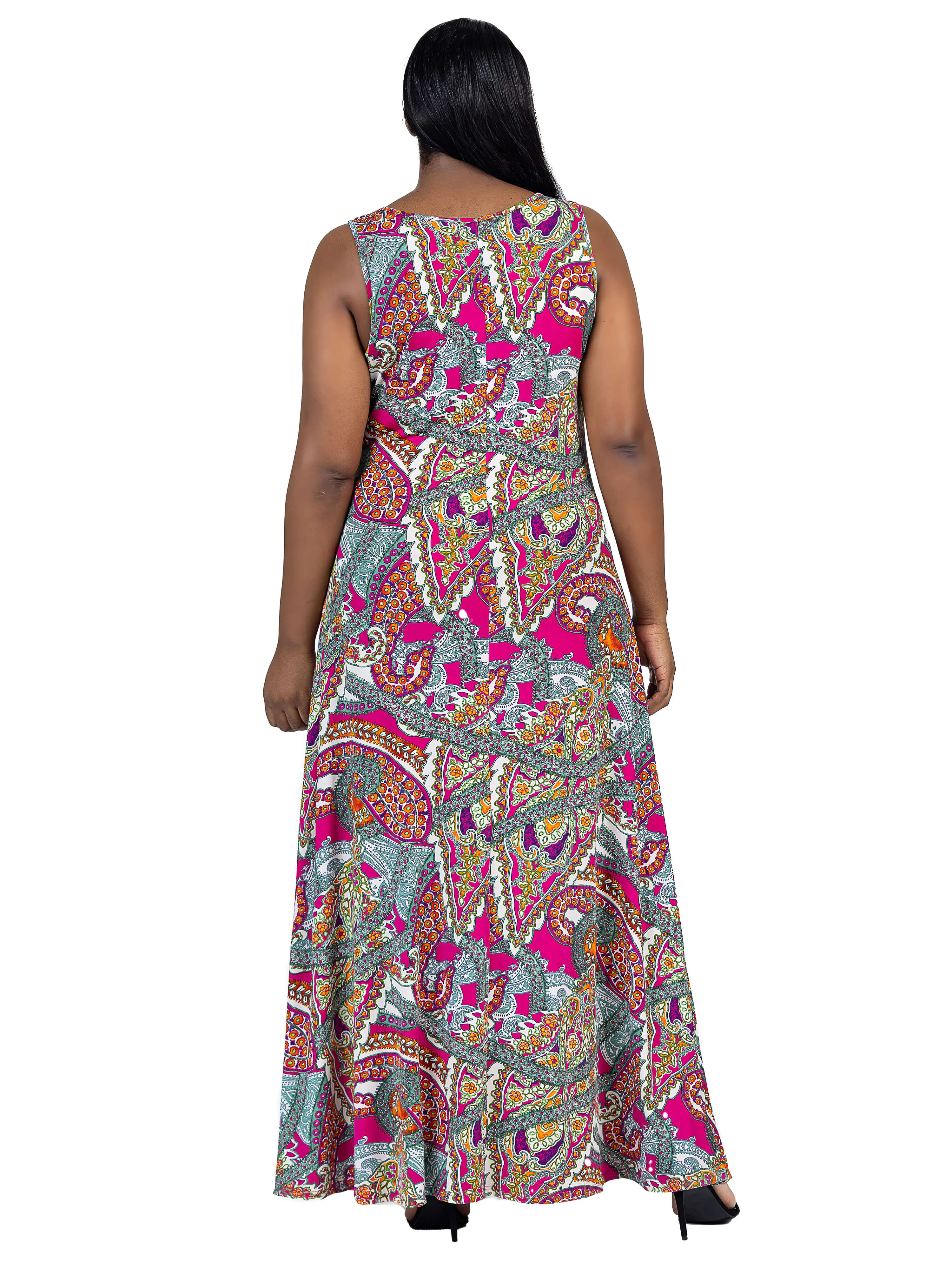 Plus Size Pink Paisley Print Scoop Neck A Line Sleeveless Maxi Dress