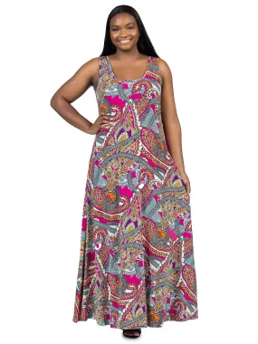 Plus Size Pink Paisley Print Scoop Neck A Line Sleeveless Maxi Dress