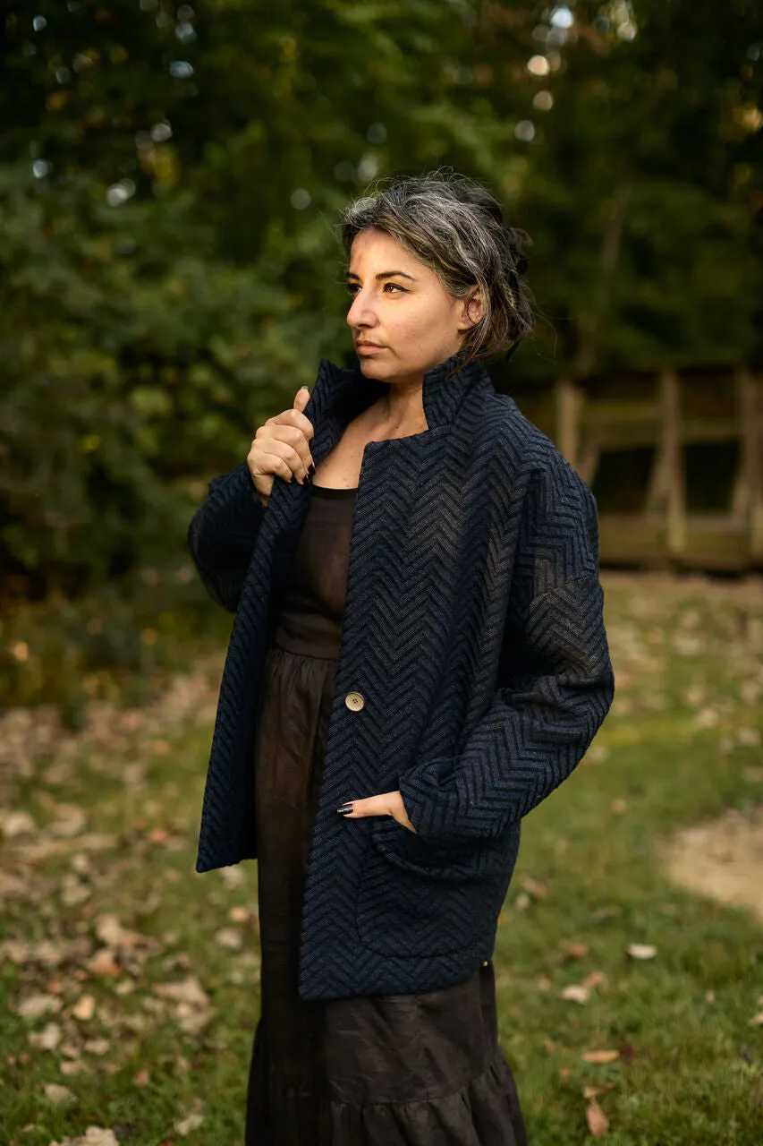 Portuguese Wool Pieper Coat in Navy and Black Herringbone - Pre-Order 12/30