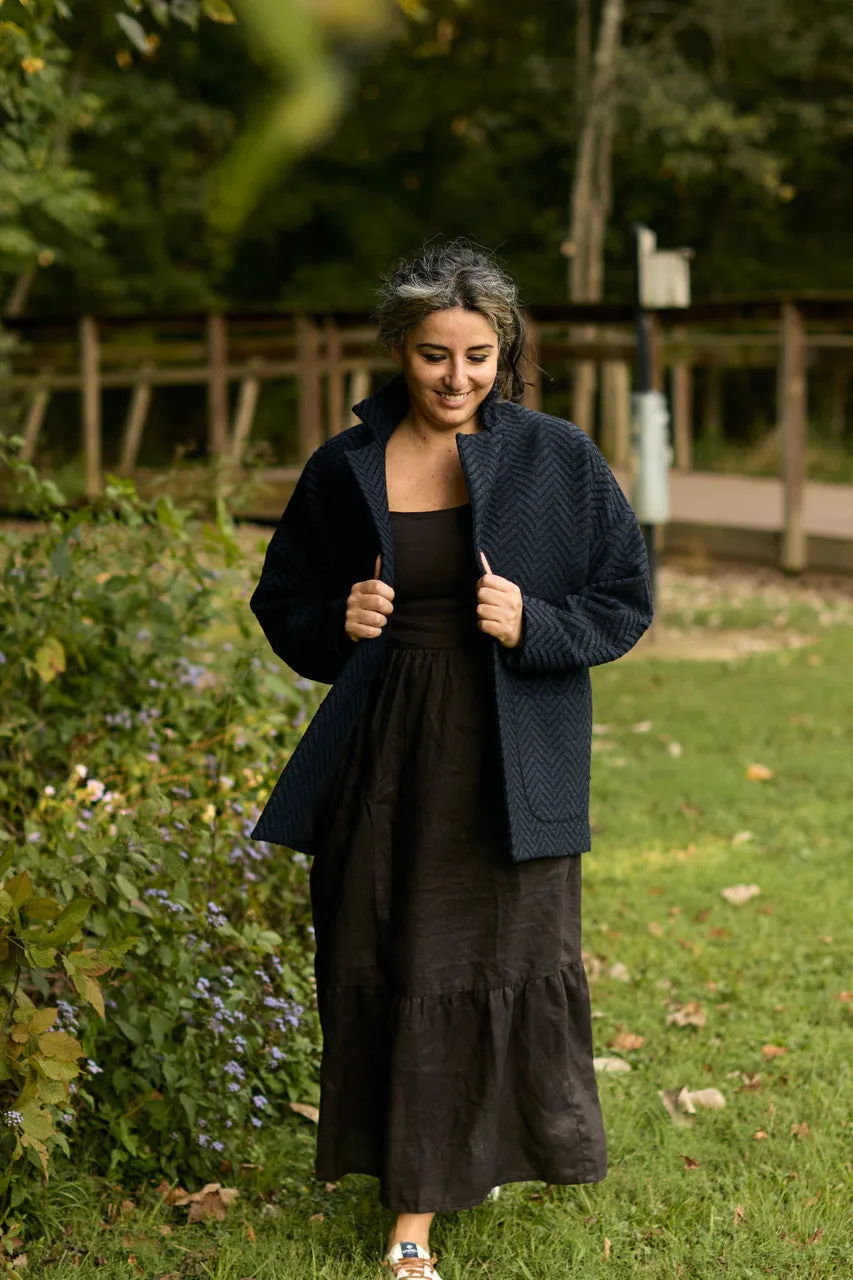 Portuguese Wool Pieper Coat in Navy and Black Herringbone - Pre-Order 12/30