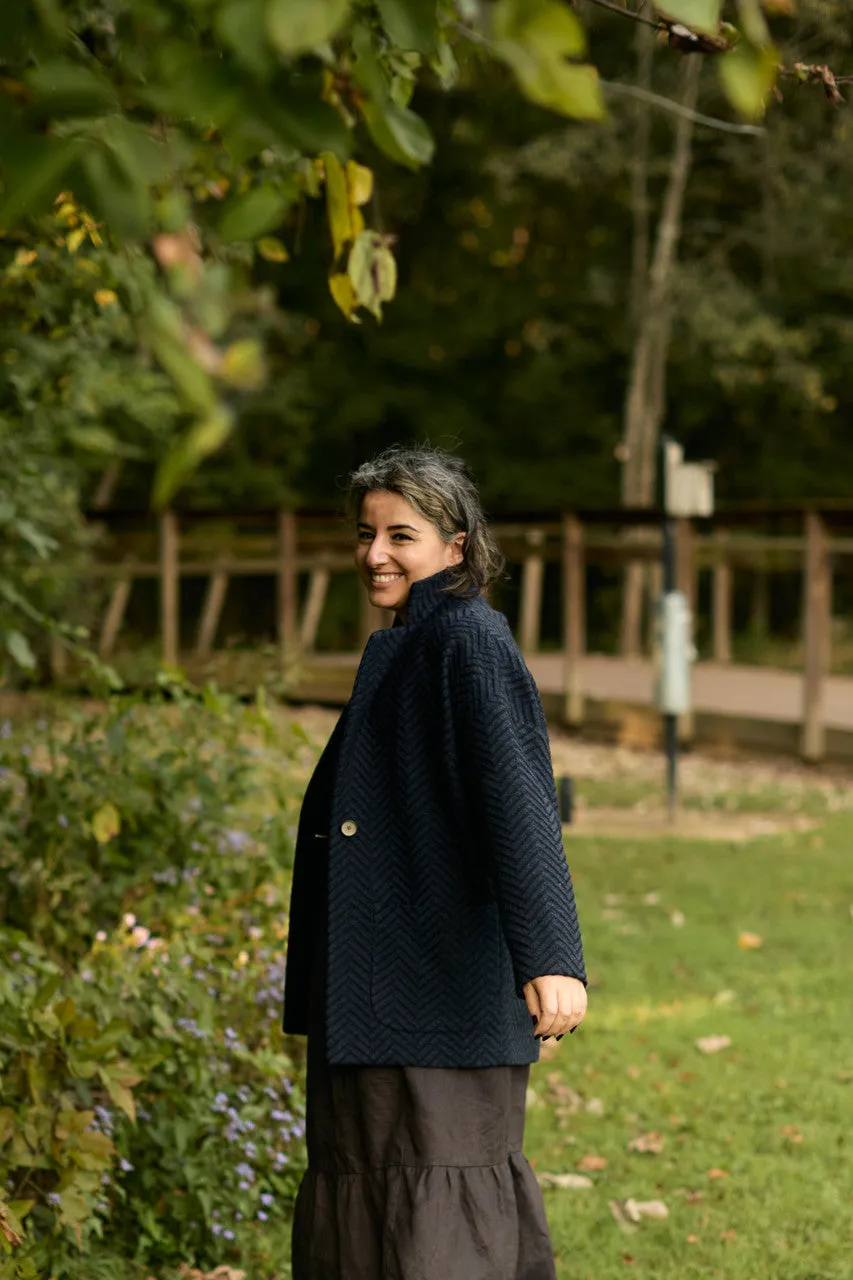 Portuguese Wool Pieper Coat in Navy and Black Herringbone - Pre-Order 12/30