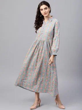 Powder Blue Printed Maxi Dress With Shirt Collar And Full Sleeves