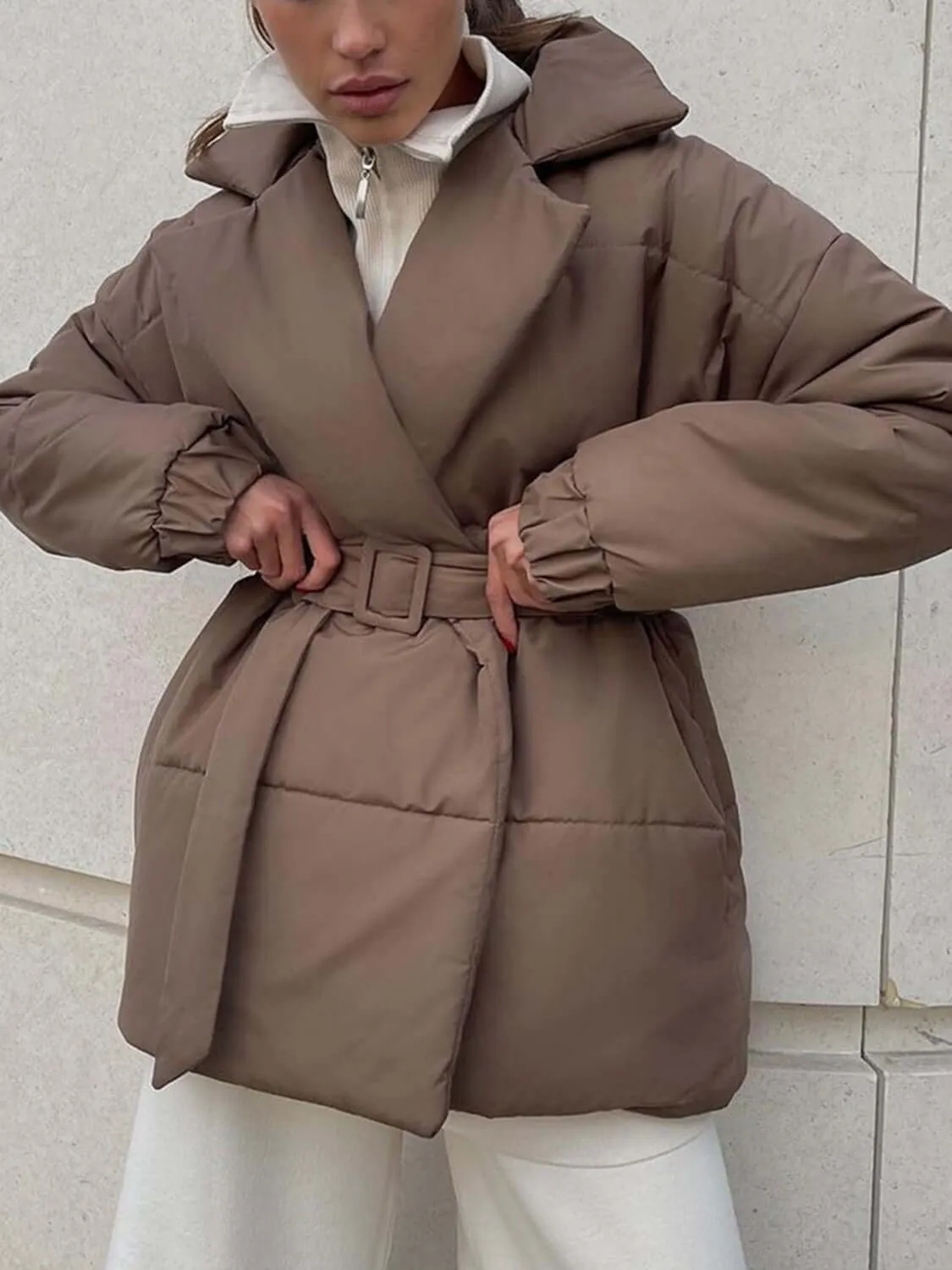 Puffer Long Sleeve Winter Coat with Belt