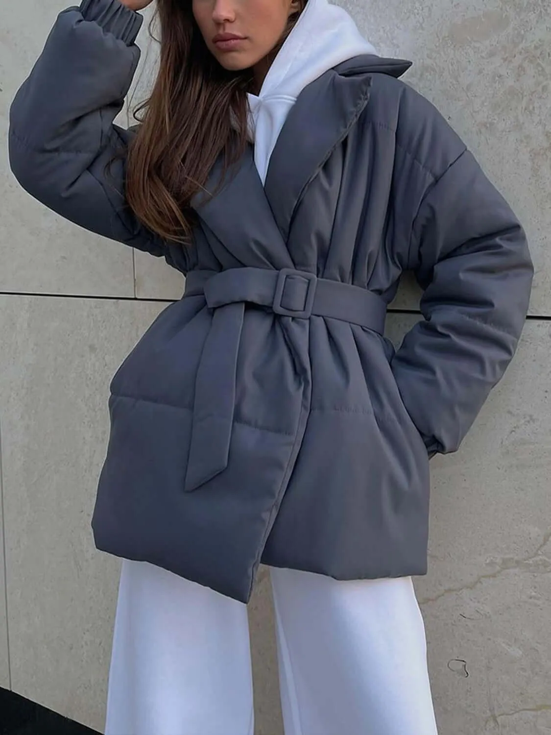 Puffer Long Sleeve Winter Coat with Belt