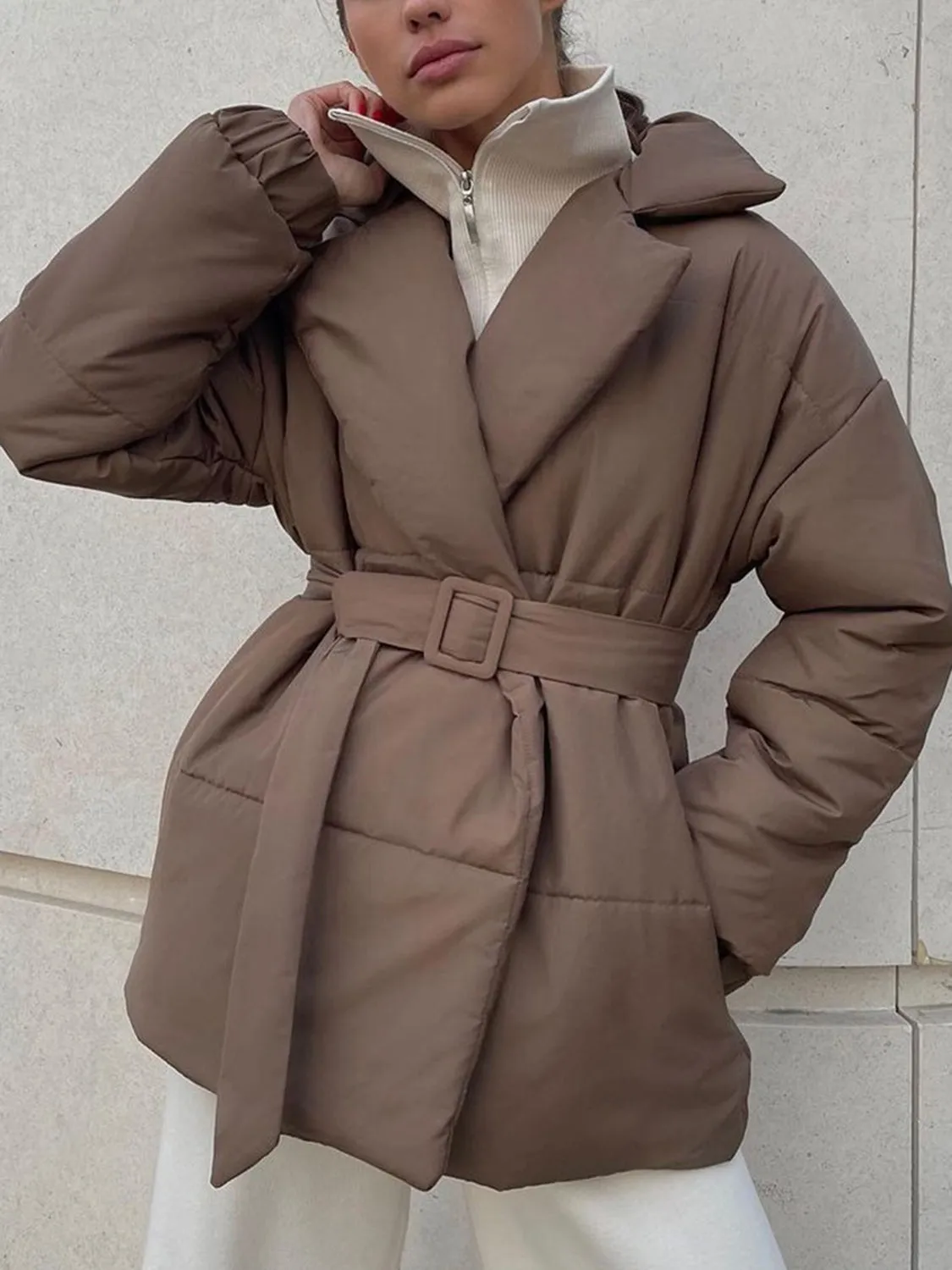 Puffer Long Sleeve Winter Coat with Belt