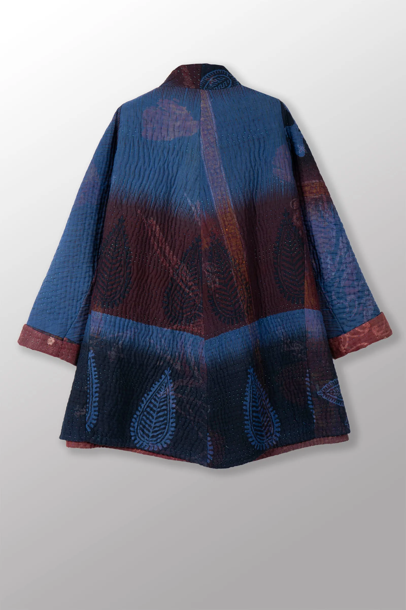 QUILTED OVER DYE COTTON KANTHA FUNNEL COLLAR COAT - oq5312-cblu002a -