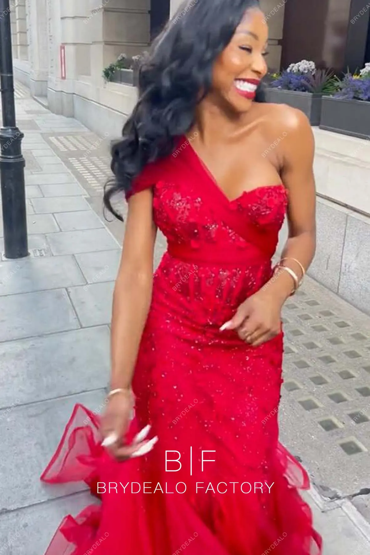 Red One Shoulder Sparkly Beading Sequins Tulle Trumpet Prom Dress