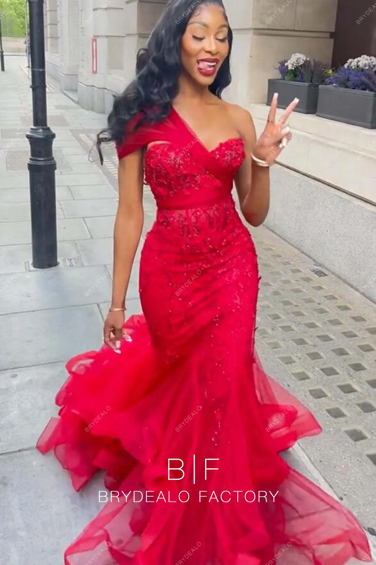 Red One Shoulder Sparkly Beading Sequins Tulle Trumpet Prom Dress