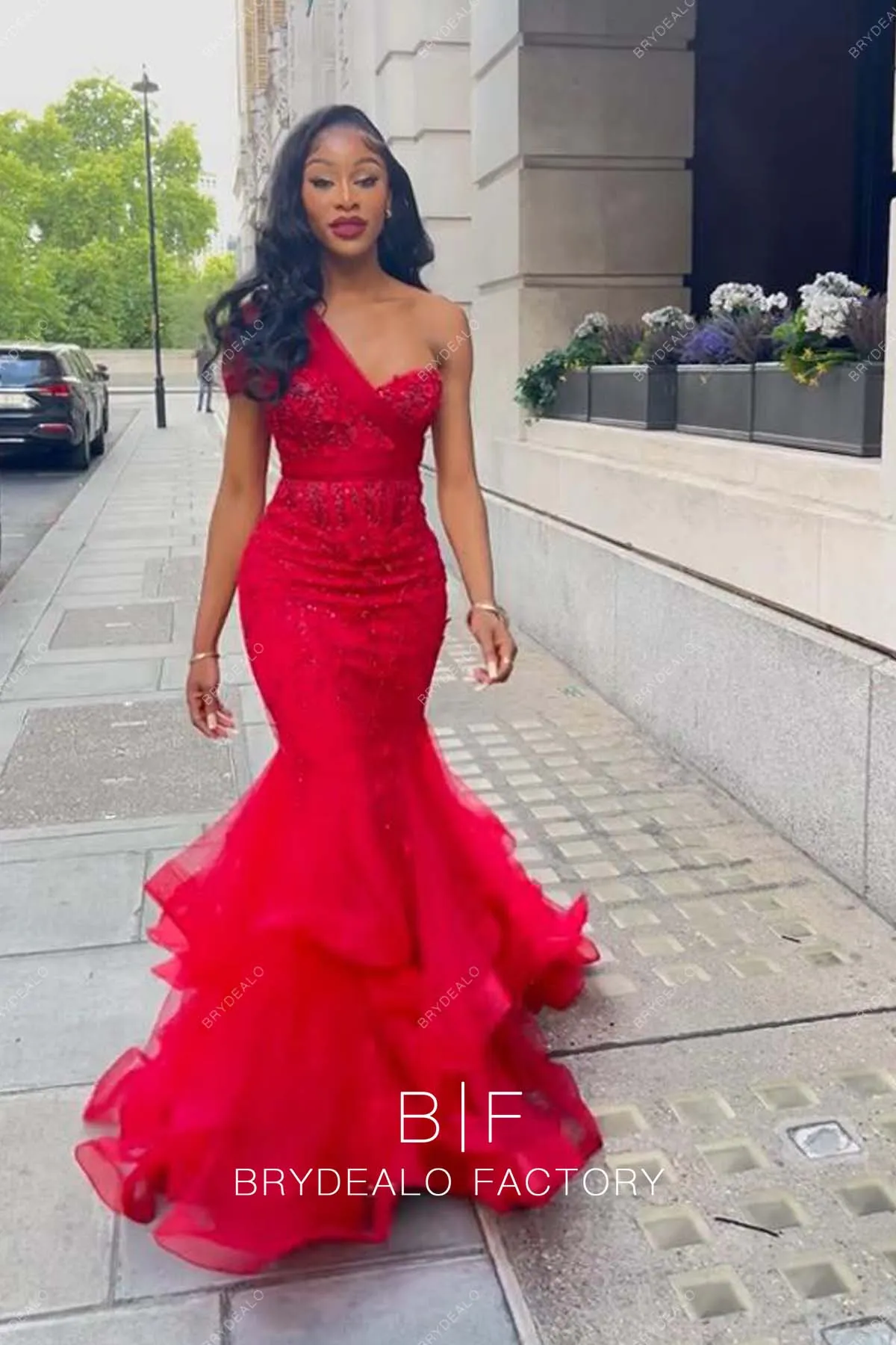 Red One Shoulder Sparkly Beading Sequins Tulle Trumpet Prom Dress