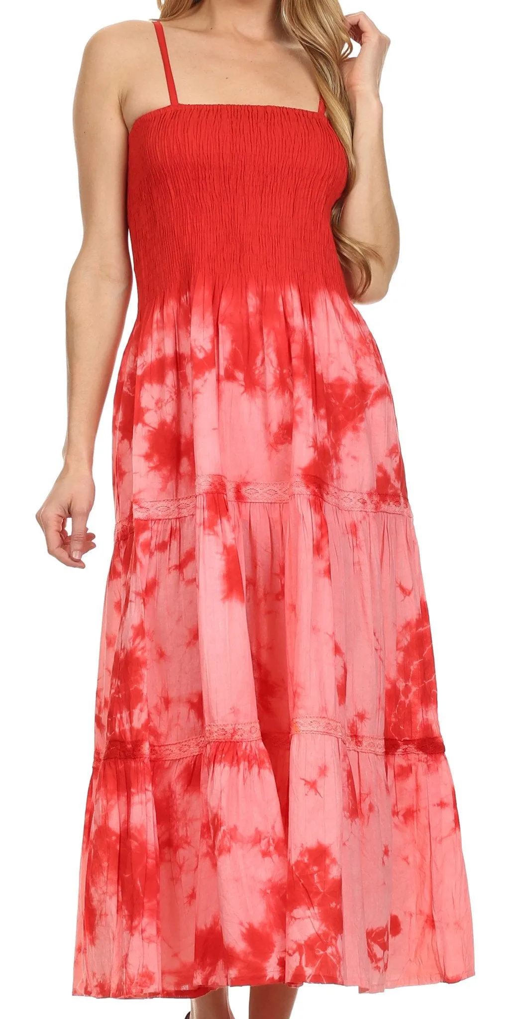 Sakkas Ashley Tie Dye Adjustable Spaghetti Strap Crochet Lace Trim Cotton Dress